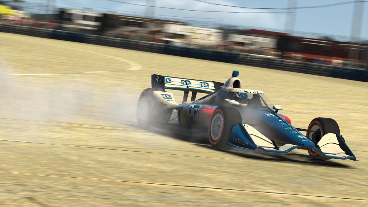 Scott McLaughlin turns a few donuts following his hard-fought victory in Race 3 of the INDYCAR iRacing Challenge Season 2 at the virtual Sebring International Raceway -- Photo by:  Photo Courtesy of iRacing